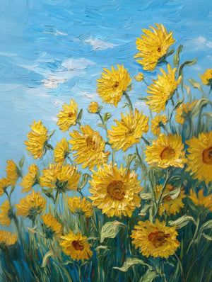 Artwork of yellow sunflowers against a blue sky background, impressionist style, evoking summer joy