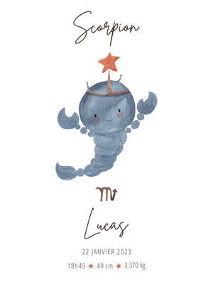 A soft illustration of a scorpion in blue-gray tones, with the name Lucas, birth date, weight, and height.