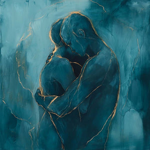 A contemporary painting depicting a couple in ethereal blue, their silhouettes intertwined with delicate golden lines. The canvas is minimalist, set against a neutral background.