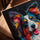 Colorful contemporary Border Collie wall art for living room, golden oak frame