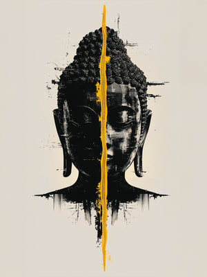 Art canvas depicting Buddha's face in black, bisected by a vibrant yellow line on a beige background. The graphic contrast enhances the serenity and balance of the subject.