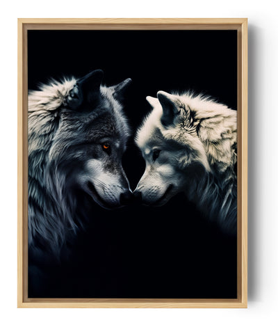 photo capturant l 'instant de deux loups, noir et blanc, partageant une connexion unique