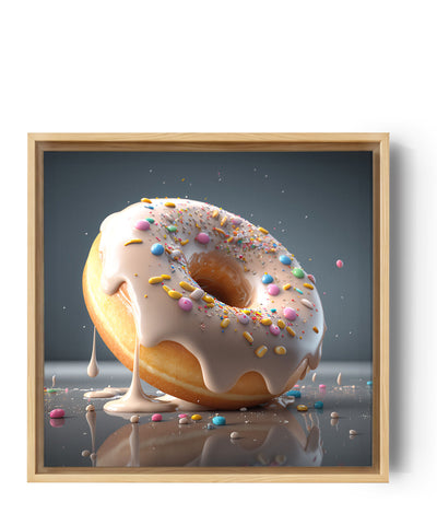 Cuadro de un donut esponjoso y fundente. Su masa parece deshacerse en la boca y se imagina su sabor ligeramente afrutado y dulce. El glaseado color nieve recubre este delicioso pastel ligero y cremoso. Toppings multicolores aportan un bonito toque estético a esta delicia.