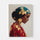 Female profile portrait with a turquoise and gold headscarf, vibrant red tones, boho chic style