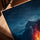 Alpine campfire framed canvas for living room, golden oak frame