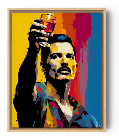 Freddie Mercury, rocklegende in een kleurrijke artistieke stijl, heft een glas wijn met een levendige achtergrond van geel, oranje en blauw.