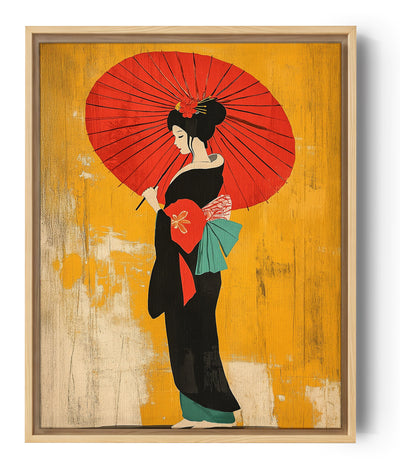 Geisha en kimono noir avec un grand parasol rouge sur fond jaune texturé.