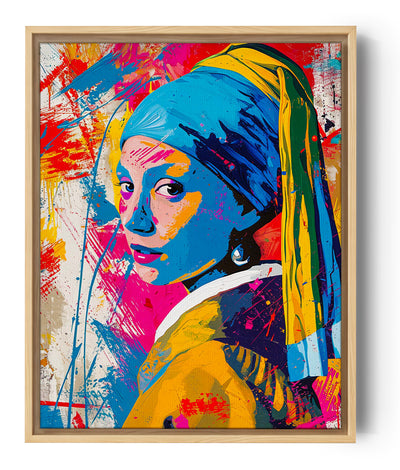 toile style peinture, portrait de jeune fille aux perles, couleurs vives.