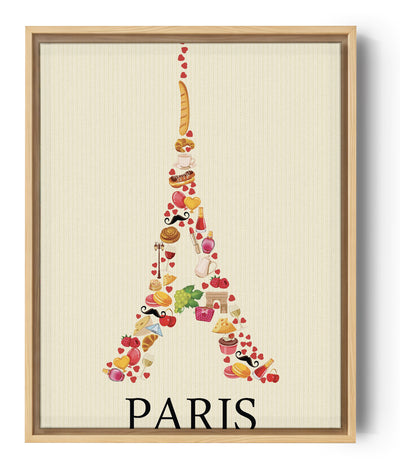 Sur un fond jaune pastel, ce tableau de cuisine est un véritable hommage à la gastronomie française. On y retrouve des dizaines d'illustrations de patisseries, de viennoiseries et de monuments de Paris qui s'assemblent pour former une Tour Eiffel. Cette œuvre colorée et délicate