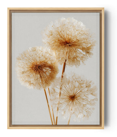 Golden dandelion wall art on a white background, calming natural decor