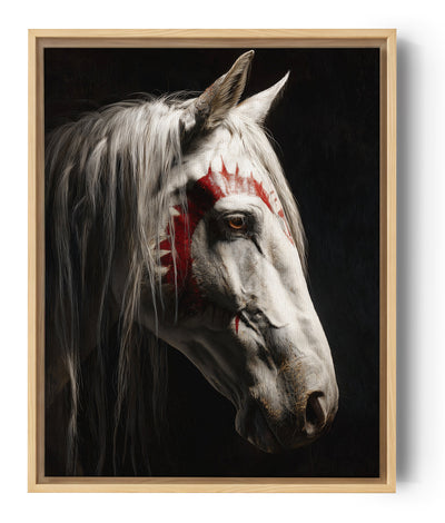 Portrait d'un cheval blanc avec des marques rouges, style réaliste, ambiance mystique