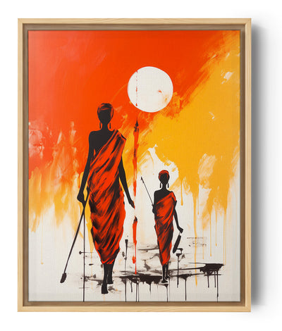 Lebendiges Gemälde, das eine afrikanische Frau und ihr Kind zeigt, die unter einer strahlenden Sonne gehen. Die schwarzen Silhouetten und roten Stoffe kontrastieren mit einem Verlaufshintergrund aus Rot, Orange und Gelb. Ideal für eine ethnische und warme Dekoration