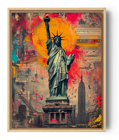 canvas vrijheidsbeeld, verfvlekken, street art-stijl, achtergrond stad New York.