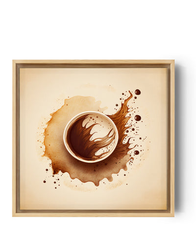 Keukenschilderij, in lichte kleuren, een mengeling van bruin en beige. Kalme en rustgevende sfeer, in minimalistische stijl. Een koffiekopje, symbool van de routine, wordt in contrast gezet met de uitdrukking van beweging en wanorde van de aquarel.