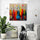 Abstract sheet music art with a blue string instrument in a living room interior, warm tones and vivid musical notes