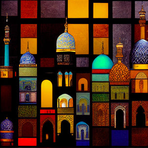 Arabic painting. Explore a vibrant city of warm-colored houses with intricate patterns and mosaic facades reflecting sunlight. Inspired by stained glass and Middle Eastern alleys. Proud minarets highlight ancient culture and history.