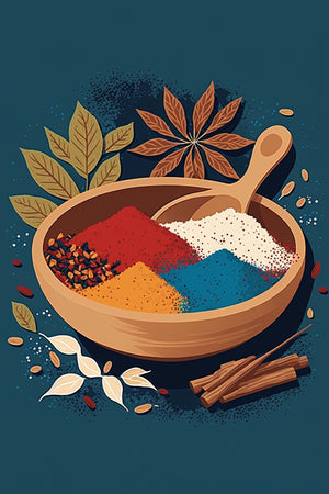 Indian spice canvas in a bowl, 2D illustration, vector art, flat graphic style, light colors, partially beige and blue, modern design.