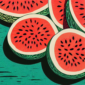 Vintage kitchen canvas art. Sliced watermelons with red flesh and seeds. Bright, saturated colors evoke classic posters. Rind patterns echo the background for a harmonious effect. A true vintage gem for any retro kitchen.
