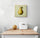 Small modern kitchen decor: hand-drawn yellow pear wall art with vibrant colors, green leaf on stem, apple-green background, signed Belle poire