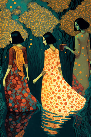 Painting of 3 women in water, elegantly bathing under the moon, symbolizing purity and spiritual purification