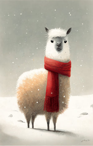 White alpaca wall art in snowy scenery with red scarf for kids' room