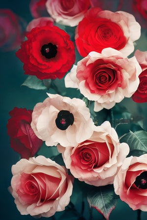 Decorative painting, celebrating the beauty and emotion inspired by roses, timeless symbols of love. Red roses embody passion, while white roses represent purity and innocence. Delicately rendered in vibrant hues.