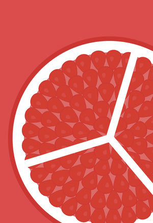 On a red background, a 2D front view illustration of a bright red pomegranate slice with its juicy seeds known as arils.