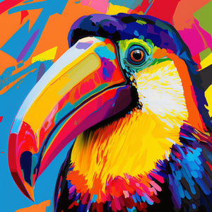 Pop art toucan wall print, close-up on the exotic bird with vivid hues