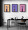 Kitchen-themed pop art triptych with three black frames centered in a modern black living room