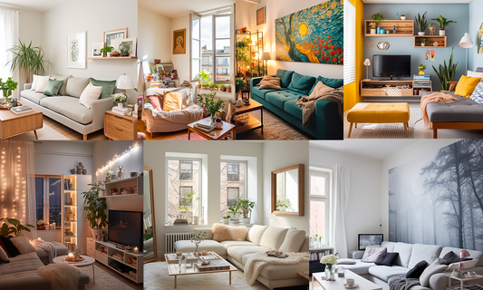 Cozy and bright small living room setups, decorated with plants, artwork, mirrors, and modern furniture.