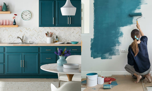 on the right, a blue kitchen - on the left, a woman repainting a kitchen in teal