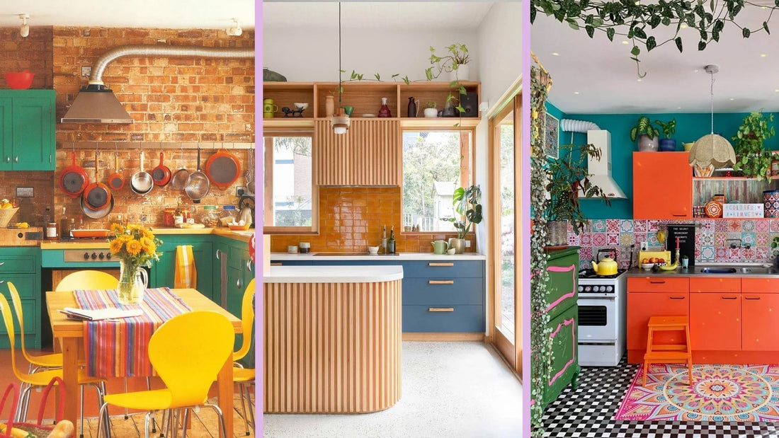Photo montage of three vibrant kitchens: retro style, wood and orange, eclectic bohemian decor.