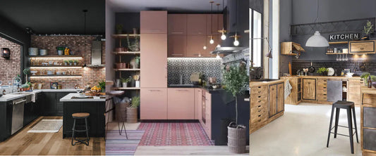 Three stylish kitchens: industrial with brick and black furniture, modern with pink fronts and graphic backsplash, and studio-like with raw wood and KITCHEN wall decor