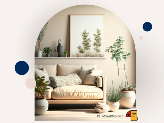 Minimalist living room with beige and natural tones, decorated with plants, a calming botanical painting, and a cream sofa. Soft, zen, and cozy ambiance.