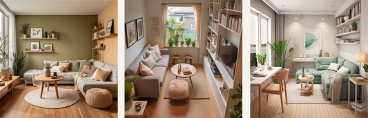 Three cozy small living rooms with plants and neutral decor