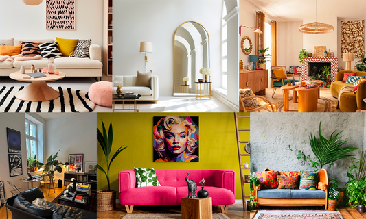 Moodboard met deco-ideeën voor een moderne woonkamer: felle kleuren, designmeubels, wandkunst en groene planten.