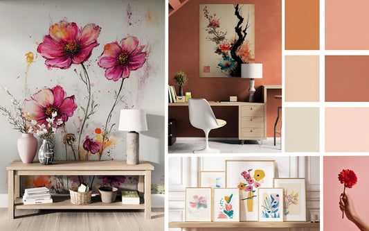 Moodboard moderne bloemrijke wanddecoratie, met geschilderd bloementapijt, artistiek bloemenschilderij, compositie van bloemenlijsten, kleurenpalet in terracotta en beige, en een hedendaags boeket.