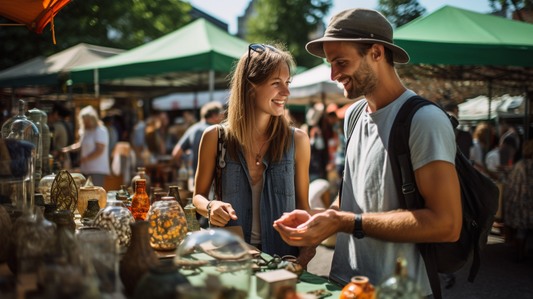 een man en een vrouw die op een markt op zoek zijn naar decoratie