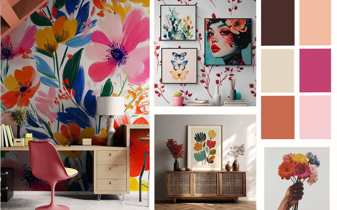 Moodboard wanddecoratie met bloemenschilderijen en kleurrijke posters, met een groot behang met levendige bloemen, moderne ingelijste illustraties, een minimalistische botanische poster en een harmonieus kleurenpalet voor de woonkamer.