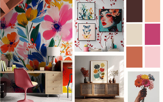 Moodboard wanddecoratie met bloemenschilderijen en kleurrijke posters, met een groot behang met levendige bloemen, moderne ingelijste illustraties, een minimalistische botanische poster en een harmonieus kleurenpalet voor de woonkamer.