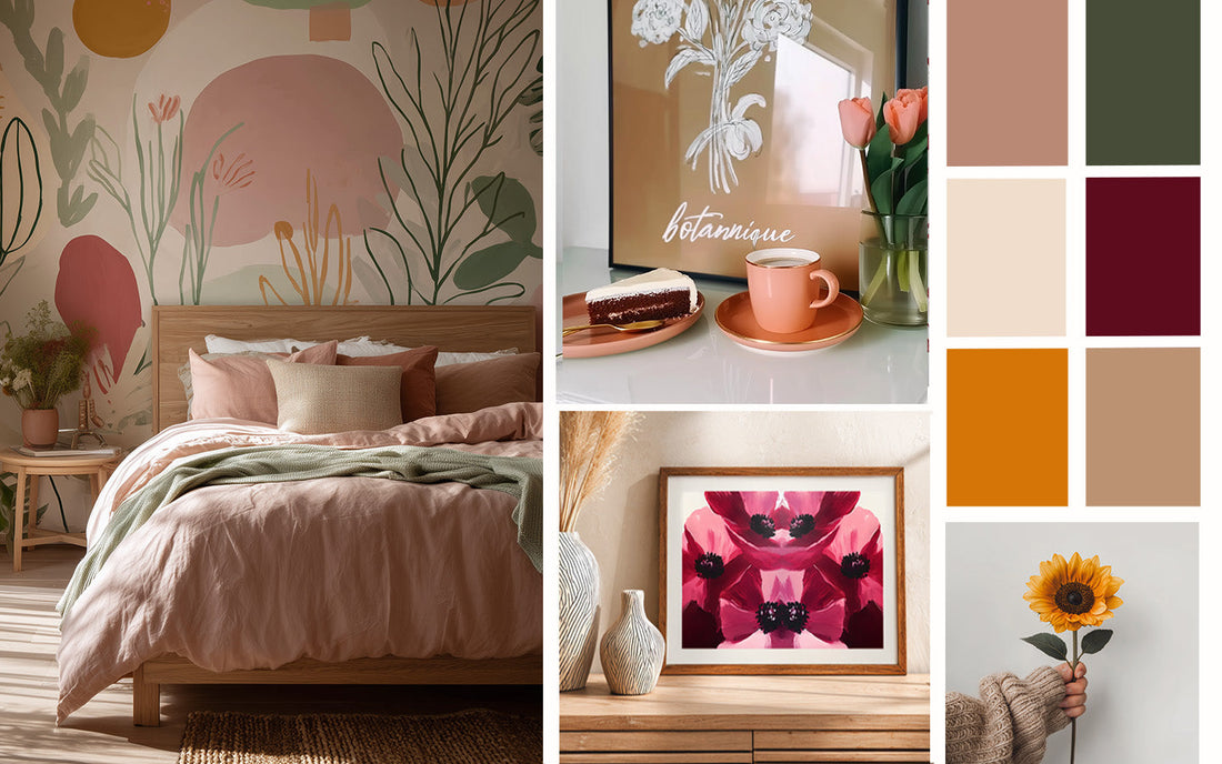 Moodboard bloemenschilderij: palet in terracotta, salie en poederroze voor een warme en natuurlijke bloemendecoratie.