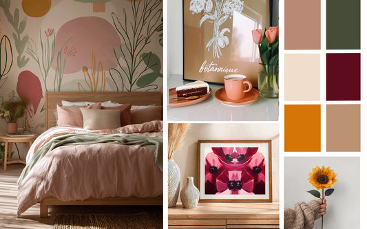 Moodboard bloemenschilderij: palet in terracotta, salie en poederroze voor een warme en natuurlijke bloemendecoratie.