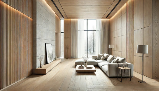 Sleek contemporary styled living room combining light wood, stone walls, and abundant natural light.