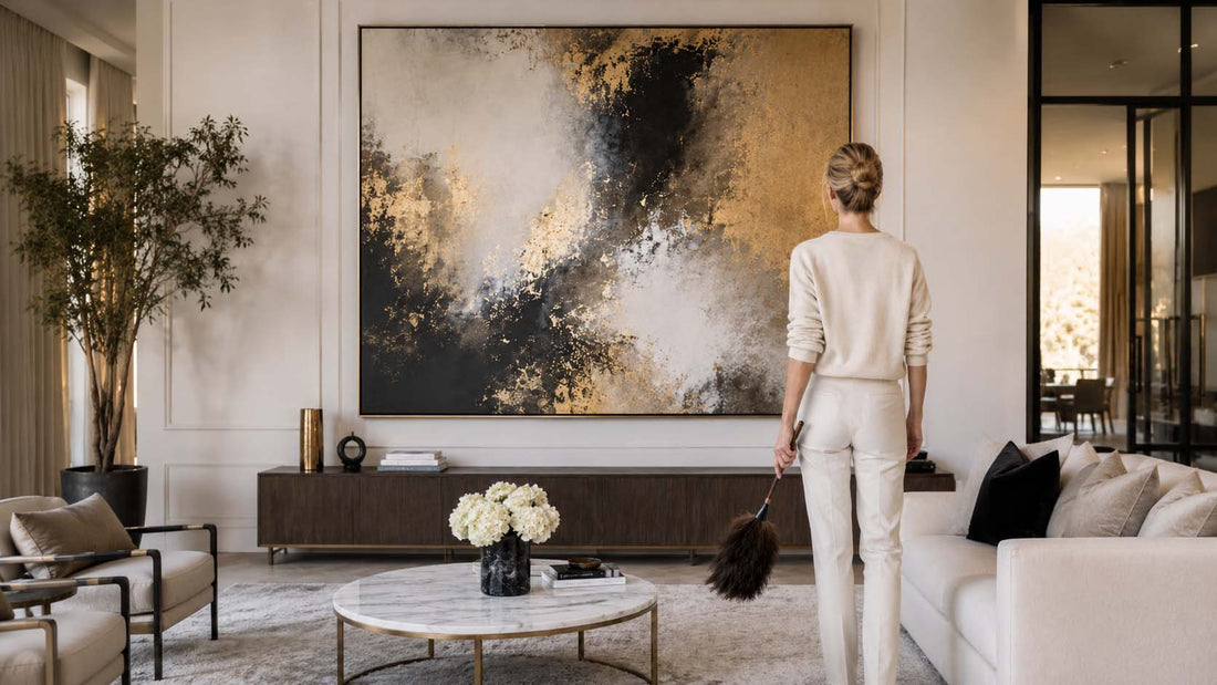 Femme de dos tenant un plumeau dans un salon moderne, face à un grand tableau abstrait noir, blanc et doré.