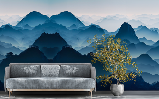 gray sofa with wooden frame, olive plant in an argent pot, panoramic wallpaper of mountain landscape