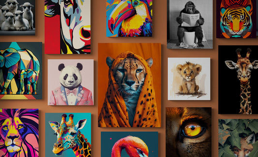 Collage of decorative art featuring wild animals, colorful or dressed, in various artistic styles