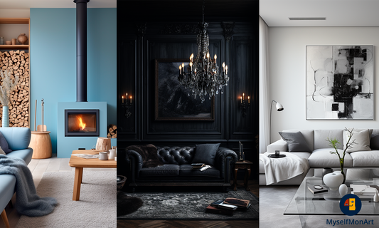 Drie woonkamerdecoratiestijlen: Scandinavisch met kachel, zwart barok, en minimalisme in zwart-wit.