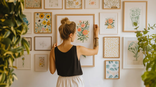 een vrouw op de rug gezien hangt een bloemenschilderij op in het midden van een witte muur versierd met bloemenlijsten. Het tafereel baadt in natuurlijk licht, omringd door groene planten en gevarieerde bloemenmotieven, in een zachte en rustgevende sfeer.