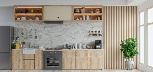 Contemporary kitchen with light wood elements, marble effect wall, open shelves with lighting, and plenty of natural light.