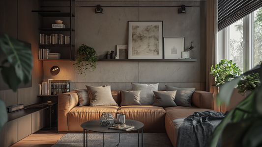 contemporary and cozy living room, with a large caramel leather sofa, matching cushions, wall-mounted bookshelves filled with books, minimalist decor, green plants, and soft lighting creating a warm atmosphere.